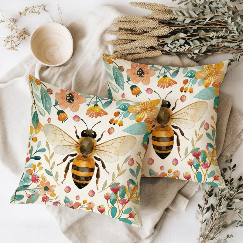 Bumble Bee Floral Decorative Throw Pillow Covers 18 x 18