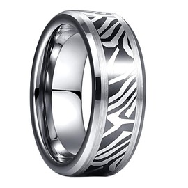 TUNGSTORY 8 mm Tungsten Rings with Damascus Steel Pattern Wedding Rings Polished Bevelled Brushed Edges Friendship Rings Comfort Fit for Men Women Size 54 to 67, Tungsten Carbide