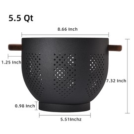 Metal Colander with Wood Handle, Powder Coated Kitchen Essential 22cm Metal Strainers,Large Kitchen Strainer with Stable Base Perfect for Pasta, Fruits,Vegetables (Matte Black)