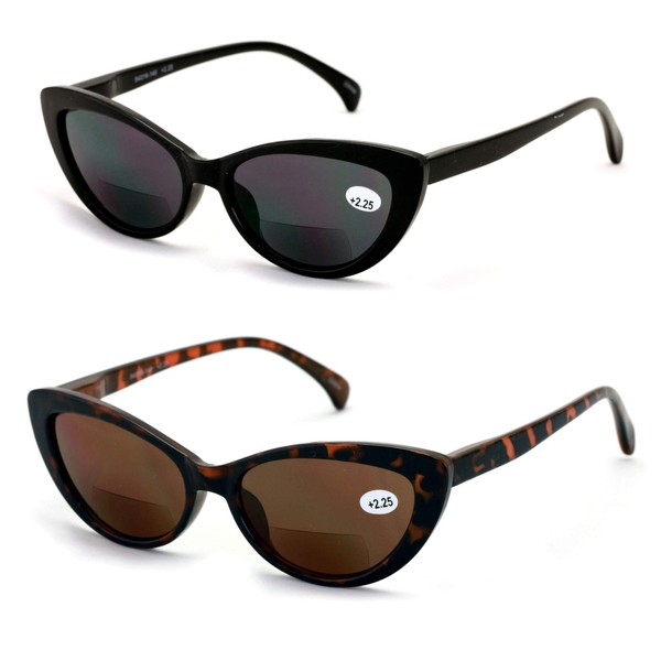 2 Pairs BIFOCAL Women Cateye Black Tortoise Reading Sunglasses - Outdoor Cat Eye Readers (1 Black 1 Tortoise, 1.75)