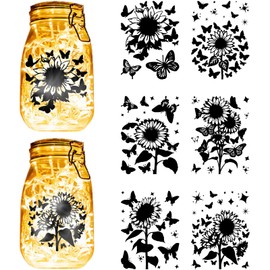 CREATCABIN 12 Sheets 6 Styles Sunflower Mason Jar Decals Black Butterfly Stickers Die Cuts Silhouettes Self-Adhesive PVC Waterproof for Craft Scrapbook Lantern Jars Walls Windows Glass Cup 7.8x5.9Inch