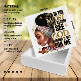Christian Black Women Girl Art Desk Decor, African American Decor for Home Office Black Queen Living Room Bedroom Afro Women Decoration, Black Women Gifts, I See God Working, Wooden Box Sign