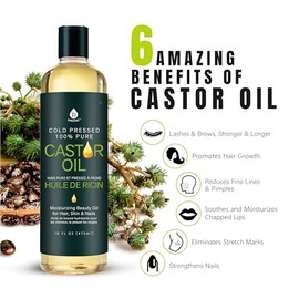 Aceite de Ricino (16 oz) - Prensado en Frío, 100% Puro, sin Hexano - Hidratante y Curativo para Piel y Cabello Secos, Estimula el Crecimiento del Cabello y Pestañas - Para Cuidado de la Piel y el Cabello