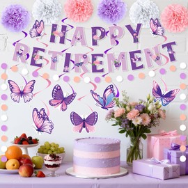 14pcs Purple Retirement Party Decorations for Women Butterfly Purple Happy Retirement Banner Hanging Swirls Pompoms Circle Dots Garland Retired Decorations Supplies for Farewell Going Away Party