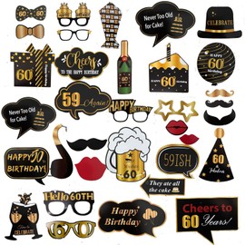 35PCS 60th Birthday Photo Booth Props Happy Birthday Party Favors with Black Gold Photo Booth Props Kits with Stick and 60th Birthday Photo Frame for Men and Women