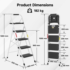 BONTEC 4-Step Ladder, Folding Step Stool with Tool Platform, Wide Anti-Slip Pedals, Max Load Capacity 400lbs Sturdy Steel Ladder, Lightweight Portable Ladder, Tall Step Ladder for House Use, White