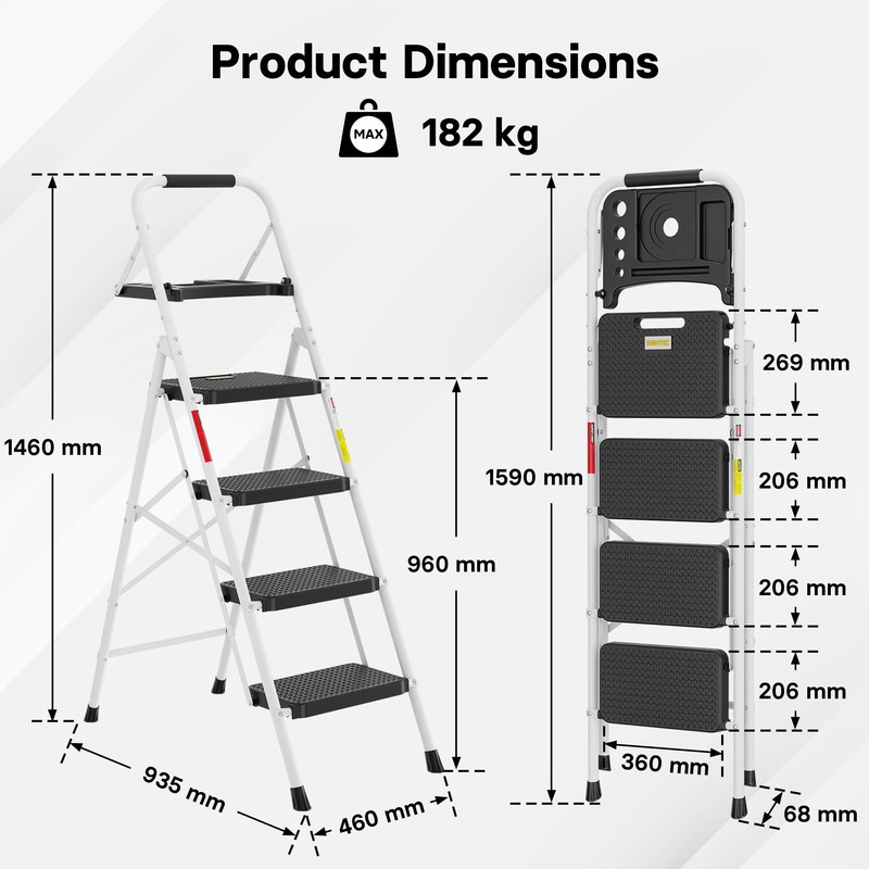 BONTEC 4-Step Ladder, Folding Step Stool with Tool Platform, Wide