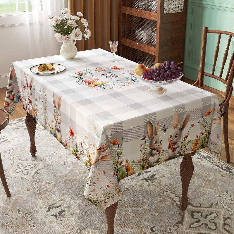 Esmorah Easter Tablecloth Rectangle 60x102 Inch, Grey Plaid Bunny Happy