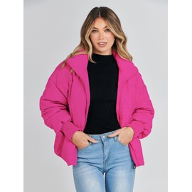 MEROKEETY Women's 2024 Winter Long Sleeve Zip Puffer Jacket Pockets Baggy Short Coats, HotPink, XS