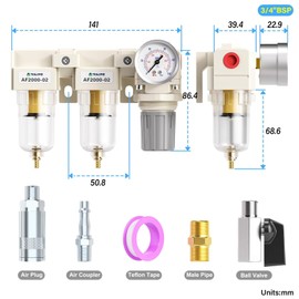 TAILONZ PNEUMATIC 1/4 Inch BSP 3 in 1 Air Filter Pressure Regulator Combo Piggyback, Air Tool Compressor Filter with Gauge AF2000+AF2000+AR2000（British）