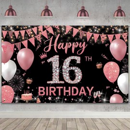 Couryxqq Happy Birthday Banner, 16th Birthday Decorations Backdrop, Extra Large Black Pink Party Decorations, Perfect Birthday Party Supplies Photography Background for Boys, and Girls, 180x110cm