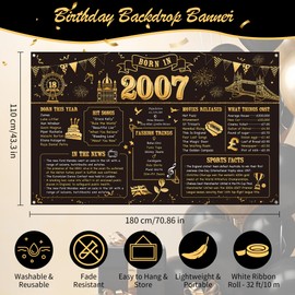 Benjia 18th Birthday Banner Decorations for Boys Girls Born in 2007 UK Background Happy 18 Years Old Birthday Backdrop Cheers to 18 Years Banners Black Gold Poster Bday Gift Home Decor Party Supplies