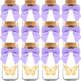 Ethisa 12 Pack Butterfly Party Favor Glass Bottles with Ribbons and Stickers - Vintage Baby Shower and Birthday Favors for Guests and Table Centerpieces Decorations - Sturdy Purple Theme Candy Jar