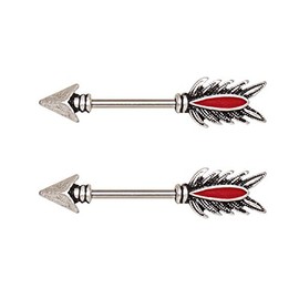 Pierced Owl 14GA 316L Stainless Steel Red Feather Arrow Tribal Nipple Barbells, Sold as a Pair