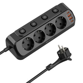 Corner Socket Kitchen 4 Compartments, Table Socket with 2 USB C, Corner Socket Strip with 2 USB, Desk Socket, Kitchen Socket, Wall Mounting, Multiple Socket with Switch, 2 m, Black