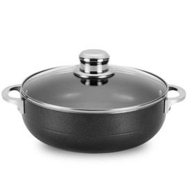 Alpine Cuisine 11-Quart Nonstick Aluminum Caldero Pot with Glass Lid & Riveted Handle | Heavy-Duty Cookware for Large Servings of Stew & Rice | Easy Clean, Black