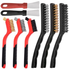 Swpeet 8Pcs Red Small Wire Brush Set With Curved Handle Grip for Cleaning Rust - Includes Brass, Stainless Steel, Nylon Brushes and Scraper