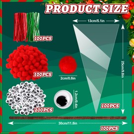 JarThenaAMCS 500Pcs Christmas Cone Cellophane Bags Santa Claus Deer Clear Treat Triangle Bags Xmas DIY Art Crafts Kit for Goodie Popcorn Cotton Candy Party Favor Supplies