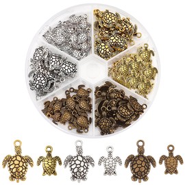 PH PandaHall 90 Pieces 6 Style Tibetan Turtle Shaped Alloy Charms, Vintage Turtle Pendant, Antique Golden/Silver/Bronze Turtle Charms Spacer Beads for Bracelet Necklace Jewelry DIY Crafting