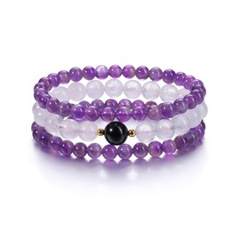 JSDDE Amethyst Rock Crystal Bracelet Set Healing Stones Gemstones Bracelet Natural Stone Bead Bracelet Energy Therapy Lucky Charm Jewellery for Men and Women, Stone