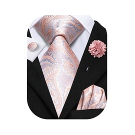 Hi-Tie Mens Blush Pink Tie Set Silk Paisley Woven Necktie with Lapel Pin Pocket Square Cufflinks Set for Wedding Party