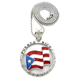 GWOOD Puerto Rico Flag Silver Color Pendant with 30 Inch Box Link Necklace