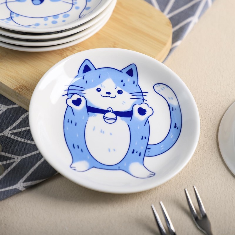 Bicuzat Blue and White Porcelain Vintage Cats Pattern Dessert Plates,