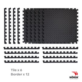 Norsk Foam Floor Gym Mats with Interlocking Tiles, .47" Thick, 24"x24", 18-Pack, 72 Square Feet, Diamond Plate Design, Black