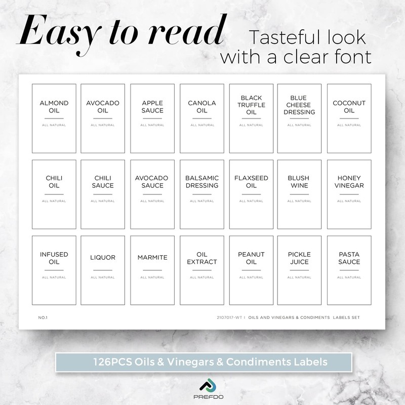 Oils, Vinegars and Condiments Labels for Bottles, Prefdo 126 PCS
