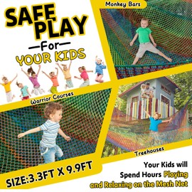 Climbing Net for Kids - 3.3FT x 9.9FT Double Layers Heavy Duty Playground Safety Net, Climbing Cargo Net for Tree House Tree Fort, Back Yard, Jungle Gyms, Monkey Bar Security Mesh（Rainbow）