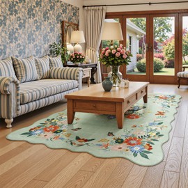 LIVEBOX Washable Area Rug 5x7 Rugs for Living Room Bedroom, Boho Floral Non-Slip Indoor Carpet for Dining Room Table, Low-Pile Butterfly Soft Carpets for Office Hall, Green