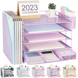 Gugsey Desk Organizer with File Holder, 5-tier Paper Letter Tray File Organizer with Drawer and Pen Holder, Metal Classroom Organization Office Accessories for School Office Supplies(Purple)