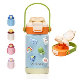 pluseight 350ml Kids Insulated Water Bottle with Straw Lid, BPA-FREE Double Wall Vacuum Tumbler 18/8 Stainless Steel Leak Proof Kids Cups with Straw for School Travel Boys Girls (Wathet)