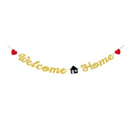 Glitter Welcome Home Banner (Pre-Strung)，Welcome Home Decorations for Homecoming Family Party (Gold)