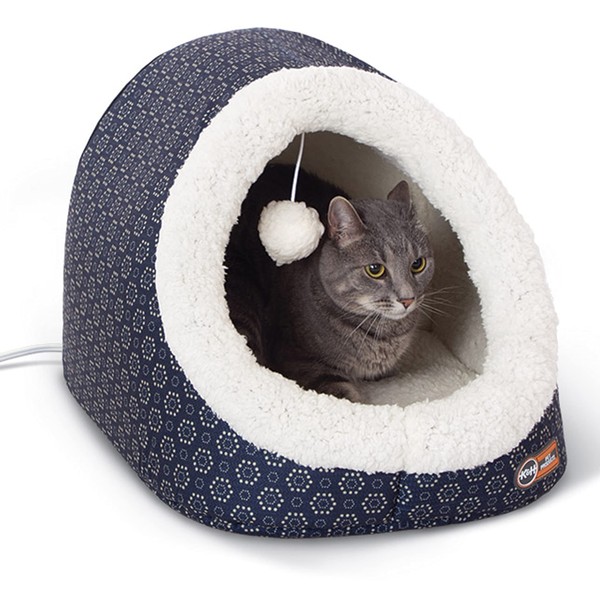 K&H Pet Products Thermo-Pet Cave Heated Cat Bed - Navy/Geo Flower 17 X 15 X 13 Inches