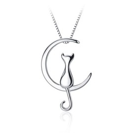 Belons Women's Necklace 925 Sterling Silver Cubic Zirconia "Cat on Moon" Pendant Necklace with Pendant Kitten Crescent Moon, Sterling Silver, Cubic Zirconia