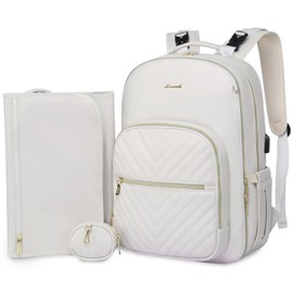 LOVEVOOK Leather Diaper Bag Backpack, Quilted Baby Bag with Changing Pad & Pacifier Holder, Waterproof Travel Diaper Bags with USB Charging Port for Baby, Stylish and Large Capacity, Beige
