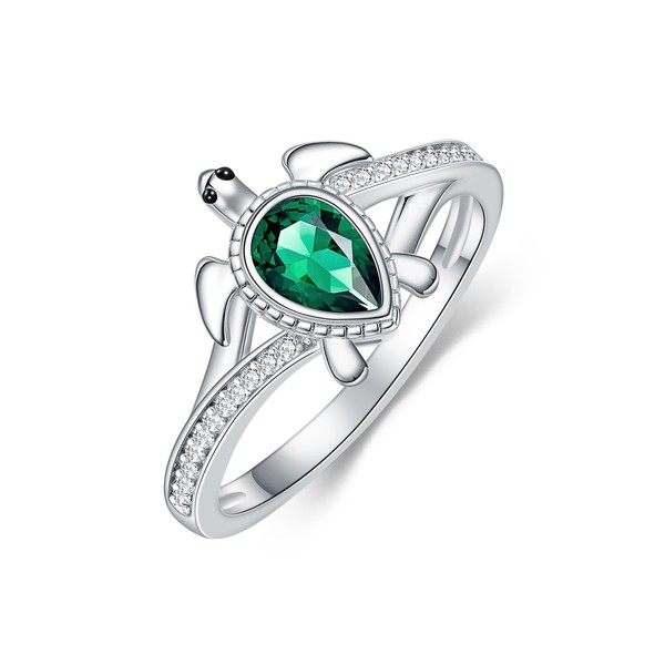 Turtle Rings 925 Sterling Silver Lab-Created Emerald Ring Sea Turtle