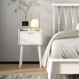 LAATOOREE Nightstand Set of 2, Small Bed Side Table with Fluted Door, End Table with Solid Wood Legs, Mid-Century Bedside Table for Bedroom Small Space