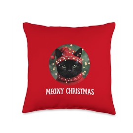 Meowy Black Cat Ugly Christmas Light Sweater Throw Pillow