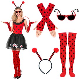 Pack of 4 Ladybird Costume Women, Ladybug Costume Accessories, Ladybird Costume Accessories, Ladybird Headband, Glasses, Gloves, Ladybird Stockings, for Carnival, Fancy Dress Costumes, Cosplay