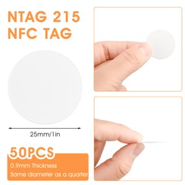 NFC 215 Cards NFC Tags NTAG215 Tag Stickers Rewritable NFC 215 Tag NFC Coins Card 25mm Round NFC Chip 504 Bytes Memory Compatible with Most NFC-Enabled Devices 30/50PC(50 pcs)