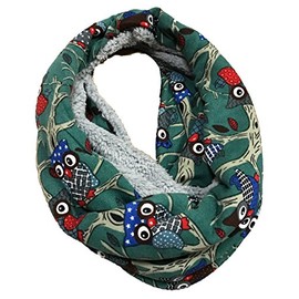 JameStyle26 Owl Fluffy Fleece Warm Winter Loop Scarf, Owl Design, Snood, Round Scarf, Teddy Lining - Green