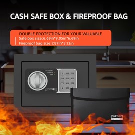 PATRON fireproof safe box for home ，mini safe for money，coin safes with code，fire proof lock box for kids，Wall or Cabinet Safe for personal items，0.236 Cubic Feet Black