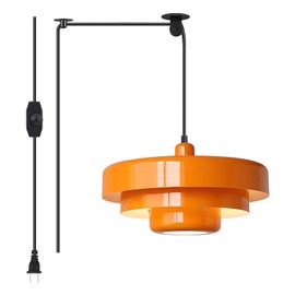 FCTWAKS Plug in Pendant Light, Mid Century Orange Hanging Lights with Plug in Cord, 3-Layer Metal Shade, Adjustable Pulley, Dimmable, Vintage Hanging Lamp for Bedroom, Kitchen Island, Dining Room