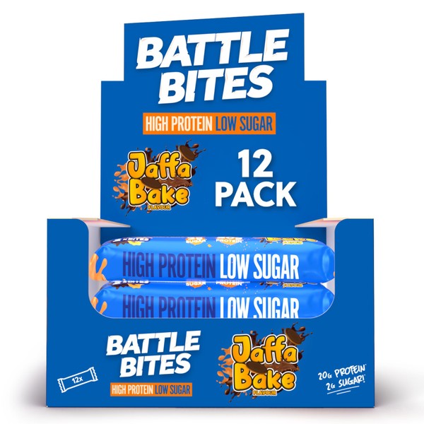 Battle Bites High Protein Bars 12 x 62g - Jaffa Bar Orange Flavour - Low in Sugar, High in Fibre, Free from Preservatives, Non-GMO - 20g protein, 7.5g fibre + 240 calories per bar - Made in UK