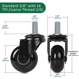 8T8 Office Chair Caster Wheels Replacement 2 Inch, Heavy Duty Rubber Chair Wheels with Threaded Stem 3/8''(M10), Quiet and Smooth Gliding,Safe for Hardwood Carpet Floors - Set of 5 (Black)