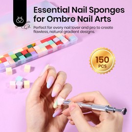 Beetles 150Pcs Soft Nail Sponges for Ombre, Colorful Ombre Nail Sponge with Grabbing Pen, Aura Nails Art Brushes, Gradient Manicure DIY Tools, Professional Accessories Supplies for Home and Salon Use