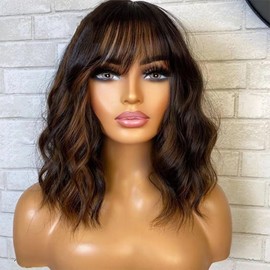 Highlight Bob Wig with Bangs Human Hair Wig 1b/30 Color Short Bob Wavy Brazilian Remy Human Hair 13x4 HD Transparent Lace Front Wig Pre Plucked 150% Density Bleached Knots Glueless Wigs 8inch