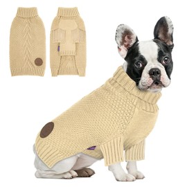 cyeollo Dog Sweater Turtleneck Knitted Sweaters with Leash Hole Winter Dog Clothes Sweaters for Small Dogs Beige